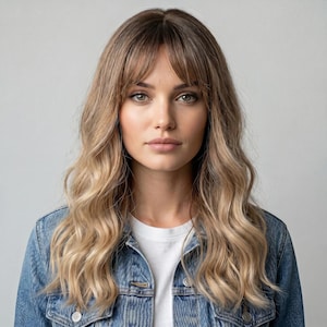May include: A woman with long, wavy, light brown hair and a fringe. She is wearing a white t-shirt and a blue denim jacket. The background is a plain, light grey colour.