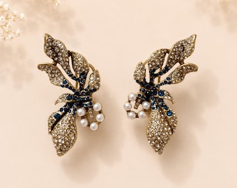Dragonfly Inspired Statement Earrings, Blue Crystal Pearl Earrings, Gold Insect Jewelry, Naturecore Fairycore Gift for Her