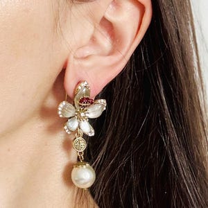 Vintage inspired Flower & Beetle Earrings with Pearl Drop, floral earrings