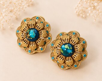 Baroque Flower Earrings: Gold-Plated Blue Crystal
