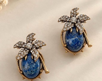 Blue Cabochon Statement Earrings, Crystal Botanical Studs,  Floral Earrings, Flower Jewelry, Gift for Women