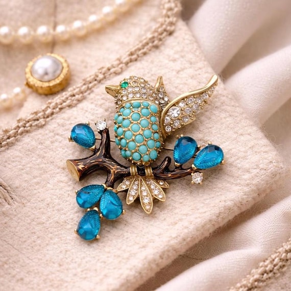 Vintage Inspired Bird Brooch, Gold-Tone Enamel, Crystal Pin