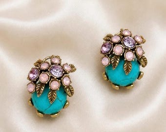 Floral Statement Earrings, Pink Crystal Studs, Colorful Cocktail Jewelry, Flower Basket Earrings