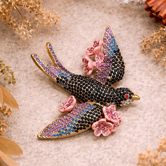 Large Statement Bird Brooch with Crystals & Enamel, Floral Bird Pin, Gold Tone Statement Jewelry, Art Nouveau Inspired, Anniversary Gift