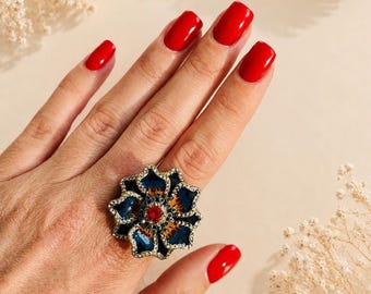 Enamel Flower Statement Ring, Vintage Inspired Cocktail Ring, Art Nouveau Floral Jewelry, Oversized ring for Women, US 9.5