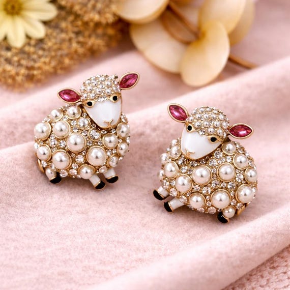 Pearl Sheep Stud Earrings, Cute Animal Earrings, Vintage Style Pearl Jewelry, Sterling Silver Posts, Whimsical Earrings Gift