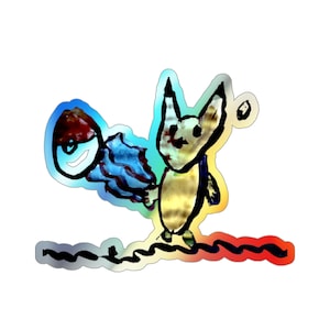 Pode incluir: Um autocolante holográfico com uma criatura semelhante a uma raposa de desenho animado com um rosto sorridente e um elemento azul em forma de nuvem. O autocolante tem uma borda ondulada com as cores do arco-íris e um fundo branco.