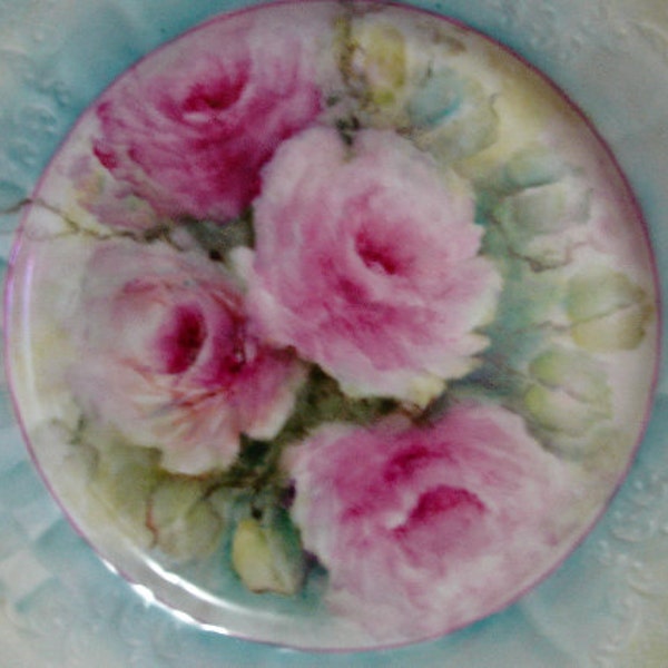 Hand Painted Shabby Roses on White China Plate