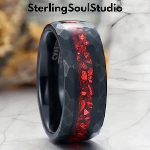 Crushed Red Ruby Black Men&#39;s Tungsten Wedding Band 8mm Hammered Promise Ring For Him