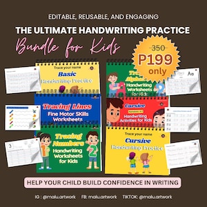 May include: A collection of handwriting practice workbooks for children. The bundle includes workbooks for tracing lines, numbers, and cursive handwriting. The workbooks are spiral-bound and feature colourful illustrations and the text "The Ultimate Handwriting Practice Bundle for Kids."