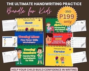 Hojas de práctica de escritura a mano: Trazar nombres, alfabetos y números (descarga digital)