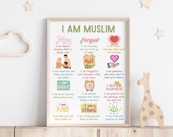Póster infantil con afirmaciones "Soy musulmán" – Arte mural con rasgos positivos islámicos – Decoración imprimible para guarderías y aulas musulmanas