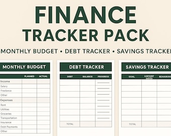 May include: A finance tracker pack with a cream background and dark green text. The pack includes templates for monthly budget, debt tracker, and savings tracker. Each template has sections for income, expenses, debt, and savings goals.