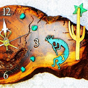 Kokopelli with Saguaro, Star, and Turquoise Stones Log Cabin Style 13&quot; x 8.5&quot; x 2&quot; Rustic Wall Clock