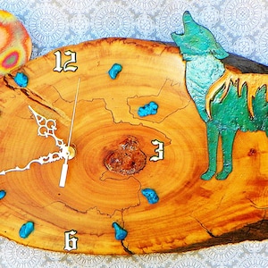 Wolf w/ Moon, Rabbit, and Turquoise Stones Log Cabin Style 20&quot; x 13&quot; x 3&quot; Rustic Wall Clock