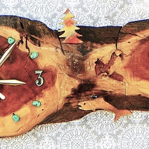 Bear with Fish and Turquoise Stones Log Cabin Style 20&quot; x 7&quot; x 2&quot; Rustic Wall Clock