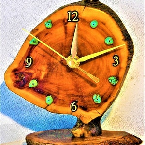 Burlwood Desk Clock with Turquoise Stones 6 x 5.5 x 3.5 Log Cabin Style image 1