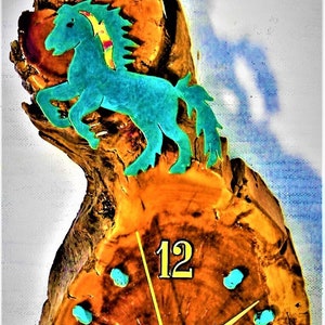 Rearing Horse with Stars and Turquoise Stones Log Cabin Style 12.25&quot; x 6&quot; x 2.5&quot; Rustic Wall Clock