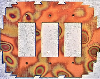 CopperCutts Heat Treated Copper 6" x 7.5" Triple Rocker Switch Plate Rustic Copper and Wood