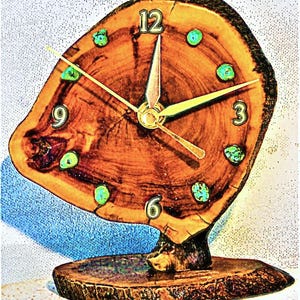 Burlwood Desk Clock with Turquoise Stones 6&quot; x 5.5&quot; x 3.5&quot; Log Cabin Style
