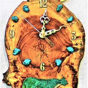 Mountain Lion with Sunburst & Turquoise Stones Log Cabin Style  13&quot; x 8.5&quot; x 1.5&quot; Rustic Wall Clock
