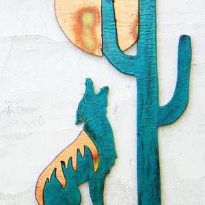 CopperCutts Coyote with Saguaro and Moon 6&quot; x 10&quot; Rustic Copper & Wood Wall Plaque
