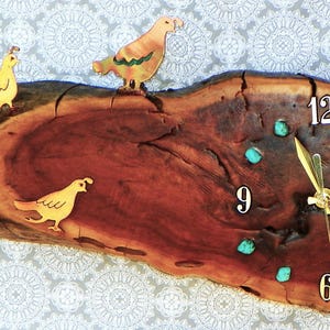 Quail Family with Turquoise Stones Log Cabin Style 16&quot; x 9&quot; x 2.5&quot; Rustic Wall Clock