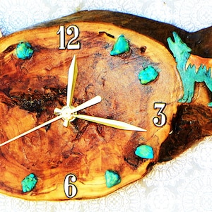 Wolf with Moon and Turquoise Stones Log Cabin Style 10&quot; x 6.5&quot; x 1.5&quot; Rustic Wall Clock
