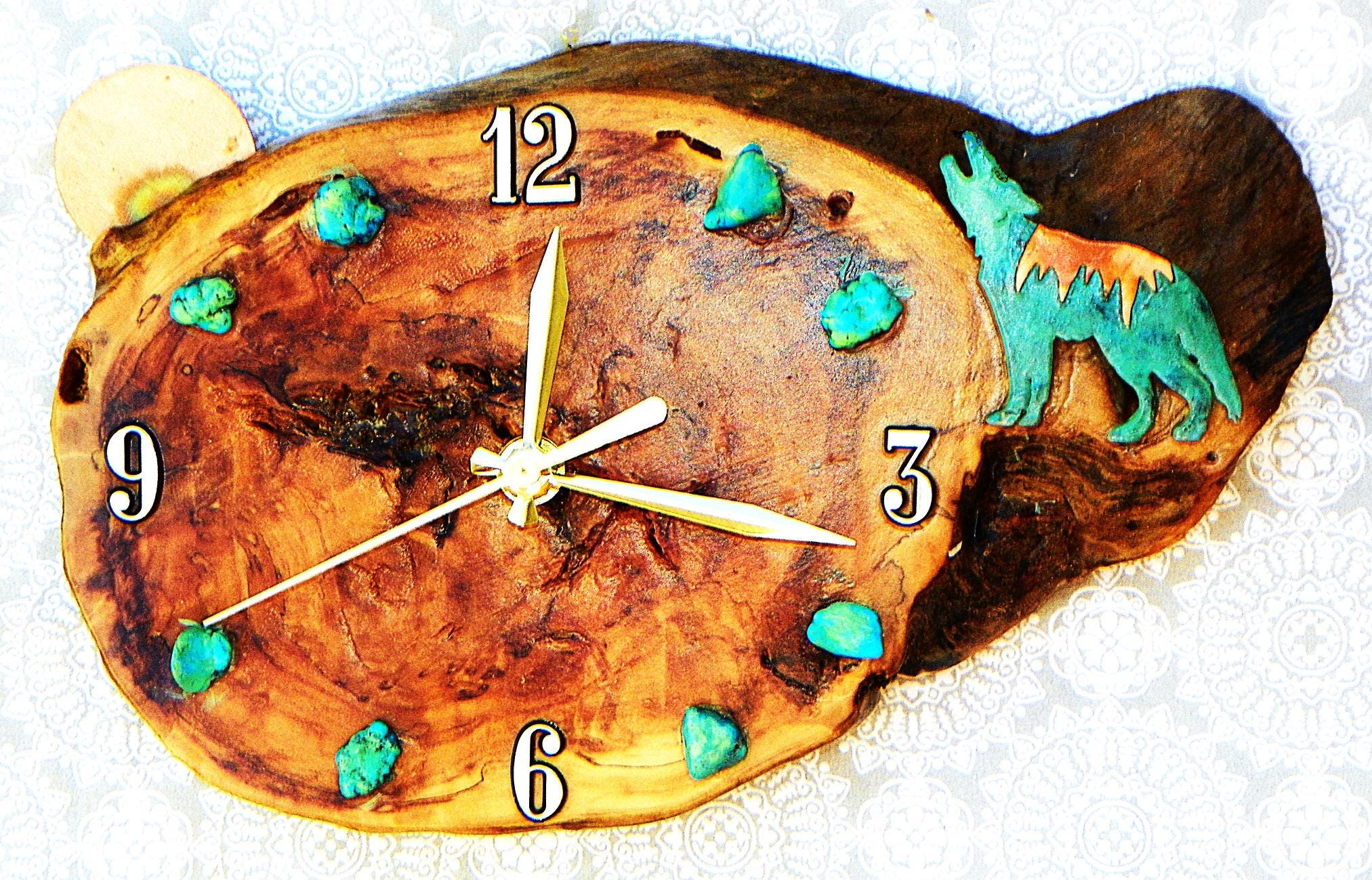 Wolf with Moon and Turquoise Stones Log Cabin Style 10" x 6.5" x 1.5" Rustic Wall Clock