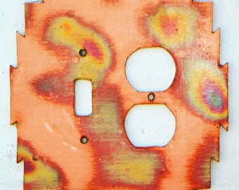 CopperCutts Heat Treated Copper 6" x 6" Double Combo Switch Outlet Plate Rustic Copper and Wood