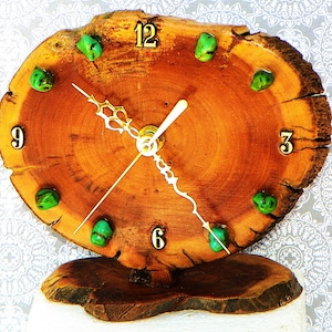 Burlwood Desk Clock with Turquoise Stones 7.5&quot; x 6.5&quot; x 3&quot; Log Cabin Style