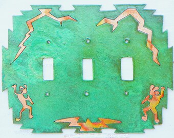 CopperCutts Kokopellis 6" x 7.5" Triple Standard Switch Plate Rustic Copper and Wood