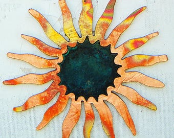 CopperCutts Sunburst 4.5" Wall Plaque Rustic Copper and Wood