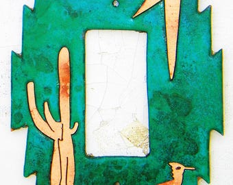 CopperCutts Roadrunner with Cactus 4.25" x 6" Single Standard Switch Plate Rustic Copper & Wood