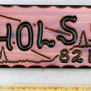 May include: A wooden sign with a carved design of a mountain range and trees. The sign reads "the NICHOLS Cabin 82 Perro Pl."