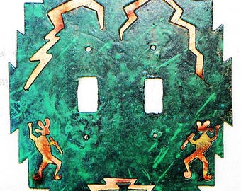 Placa de interruptor doble estándar CopperCutts Kokopelli de 6" x 6" en cobre rústico y madera