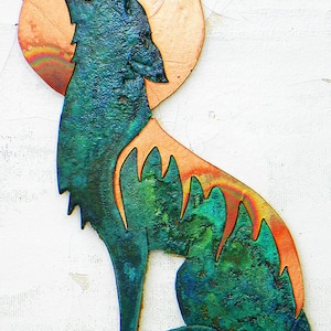 CopperCutts Coyote with Moon 8&quot; x 5&quot; Wall Plaque Rustic Copper and Wood