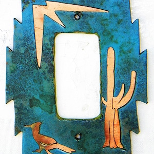 CopperCutts Roadrunner w/ Cactus 4.25" x 6" Single Rocker Switch Plate Rustic Copper & Wood