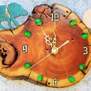 Javelina with Moon and Turquoise Stones Log Cabin Style 9&quot; x 6.5&quot; x 2&quot; Rustic Wall Clock