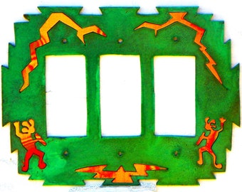 CopperCutts Kokopellis 6" x 7.5" Triple Rocker Switch Plate Rustic Copper and Wood