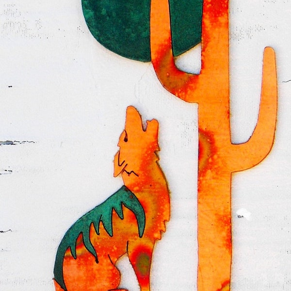 CopperCutts Coyote with Saguaro and Moon 6" x 10" Rustic Copper & Wood Wall Plaque