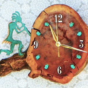 Running Kokopelli with Turquoise Stones Log Cabin Style 10&quot; x 9&quot; x 2.5&quot; Rustic Wall Clock