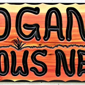 May include: A wooden sign with a rustic, orange-brown finish. The sign has a wavy, scalloped edge and features the text "LOGAN'S CROWS NEST" in black, raised lettering.