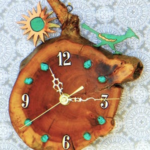 Roadrunner with Sunburst and Turquoise Stones Log Cabin Style 9&quot; x 8&quot; x 2&quot; Rustic Wall Clock