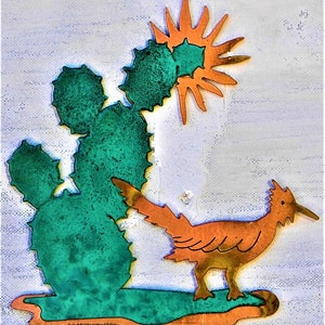 CopperCutts Roadrunner w/ Prickly Pear Cactus & Sunburst 6.5&quot; x 7.25&quot; Rustic Wall Plaque