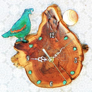 Quail with Moon and Turquoise Stones Log Cabin Style 9&quot; x 8.5&quot; x 1.5&quot; Rustic Wall Clock