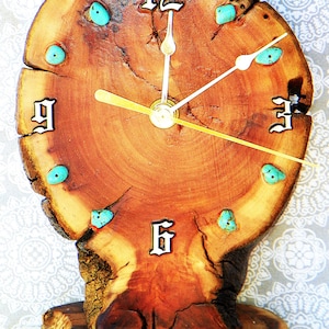Burlwood Desk Clock with Turquoise Stones 7.5&quot; x 5.5&quot; x 3&quot; Log Cabin Style