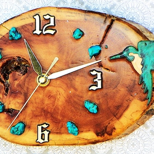 Hummingbird with Turquoise Stones Log Cabin Style 10.5&quot; x 7&quot; x 1.5&quot; Rustic Wall Clock