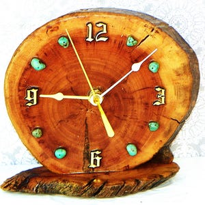 Burlwood Desk Clock with Turquoise Stones 7&quot; x 6&quot; x 3&quot; Log Cabin Style