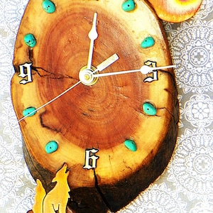 Coyote with Moon and Turquoise Stones Log Cabin Style 8.25&quot; x 5&quot; x 1.5&quot; Rustic Wall Clock